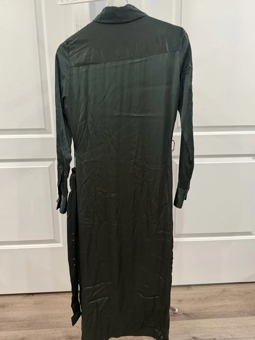 Zara Forest Emerald Green Satin Midi Shirt Dress Belted Dark Academia Cocktail S